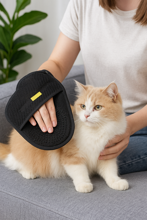 Person brushing orange and white cat with black pet grooming glove while cat sits on couch