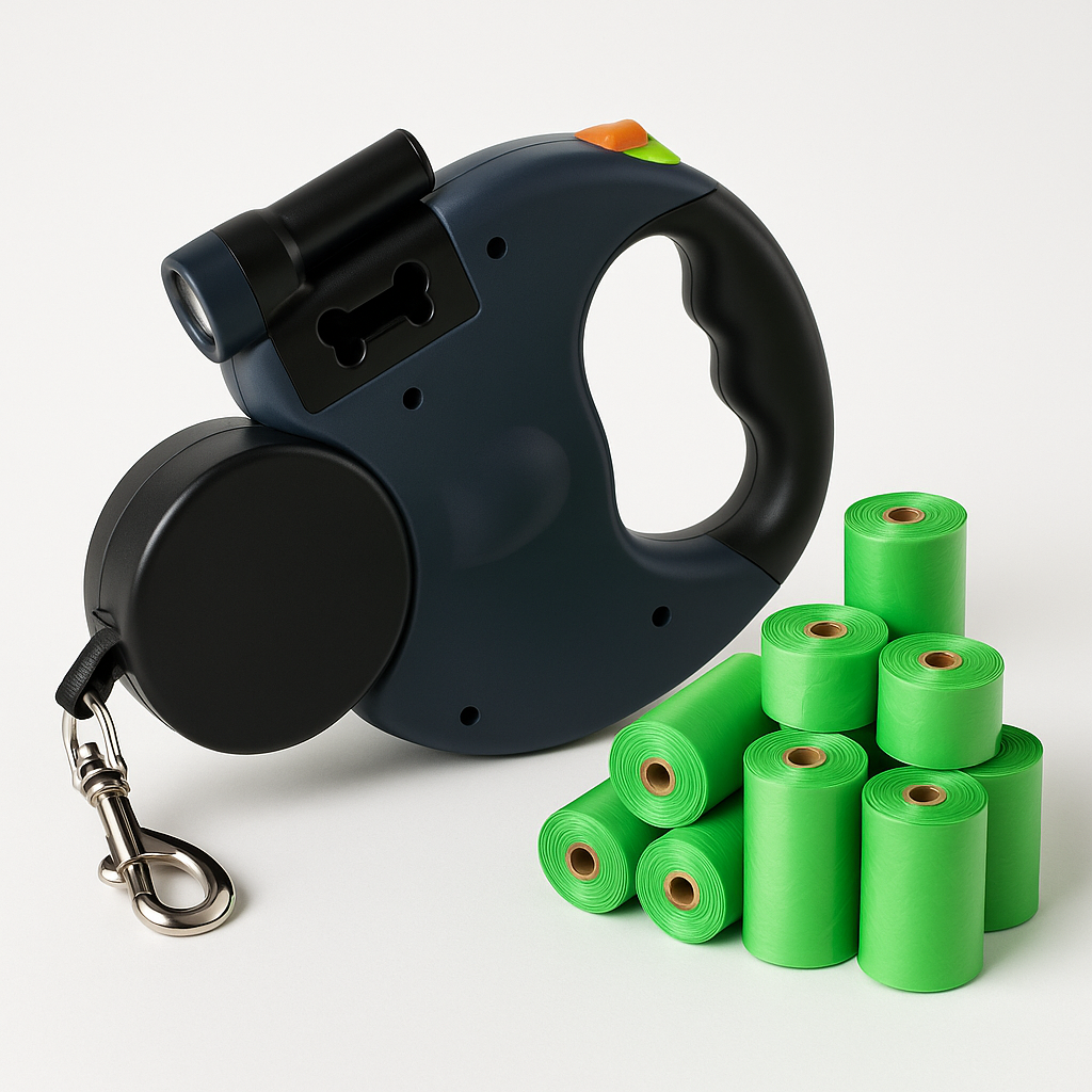 Navy blue retractable dual dog leash with built-in flashlight and attached green waste bag rolls on white background