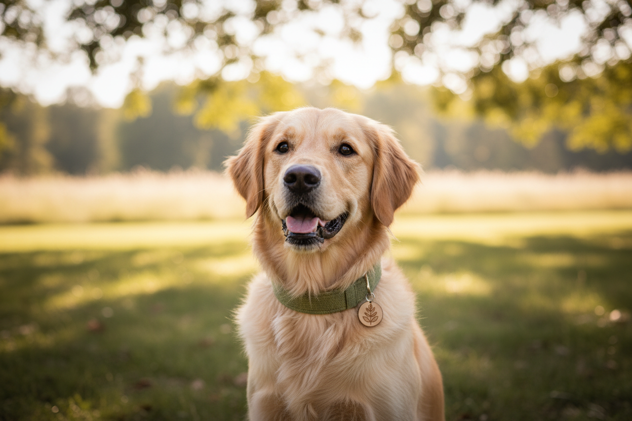 make a realistic medium sized dog wearing eco friendly collar in a sunny park, minimal background, soft natural colors, web optimized for shopify homepage 